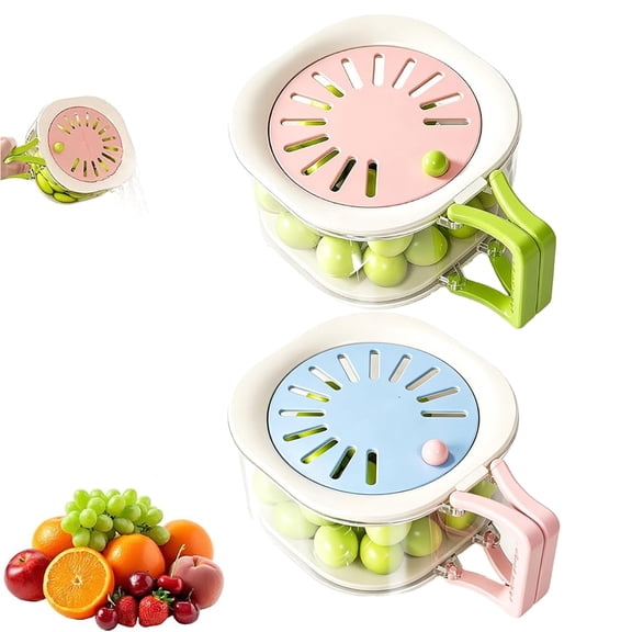 Fruit Vegetable Washing Bowl with Strainer, Multifunctional Berry Lettuce Keeper for Fridge, Portable Colander with Lid for Kitchen(Blue-Pink)
