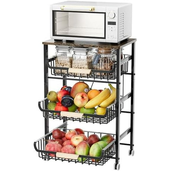 Fruit Vegetables Carts, 4-tier Slide out Metal Storage Baskets Stand Organizers with Wood Top and Handle on Rolling Wheels for Onions in Kitchen Pantry Fruteros Para Cocina -(Black, 4 Layer)
