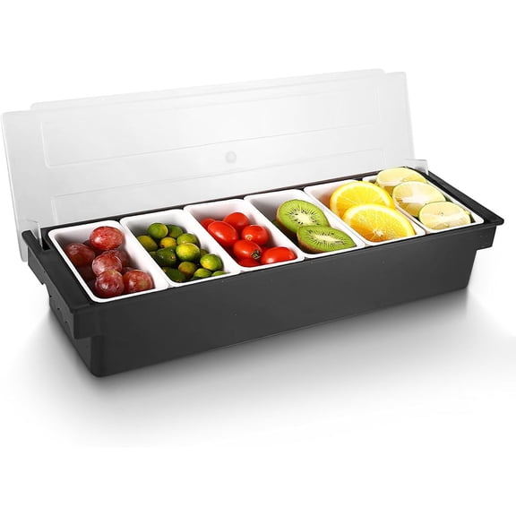 Fruit, Veggie & Condiment Caddy with Lid Dispenser Tray Plastic Garnish Station for Bartending & Serving Taco, Ice Cream, Salad Bar - Topping Organizer
