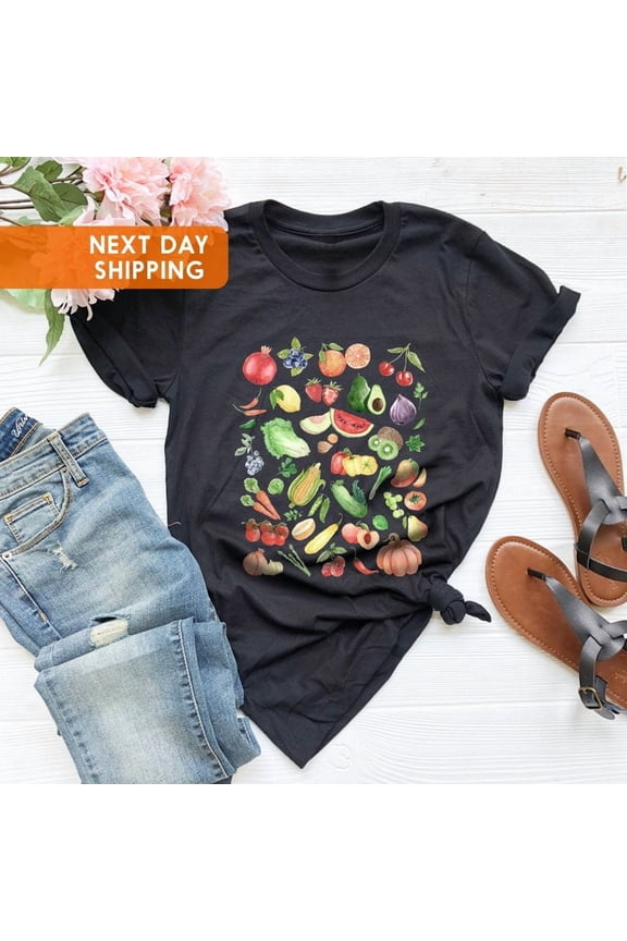 Fruit Veggie Cottage Core T-Shirt, Vegetarian Shirt, Botanical Strawberry Print Organic Vegan, Garden Aesthetic Clothing, Gardener All Size S-5Xl