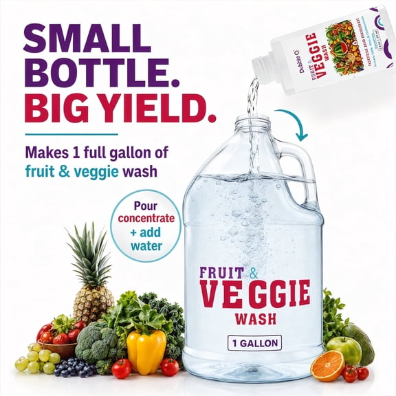 Fruit and Veggie Wash Concentrate - 2 fl. oz.  ⦾  Makes 1 Full Gallon when Diluted  ⦾  Tasteless and Odorless -  ⦾  Cleans Wax, Dirt, and Contaminants  ⦾  Dubble O Brand