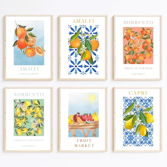 Fruit Wall Art Kitchen Artwork Wall Decor Fruit Prints Colorful Lemon Canvas Wall Art Vintage Pictures Fruit Market Poster Lemon Orange Prints Set of 6 for Room Bedroom 8x10 Inch Unframed