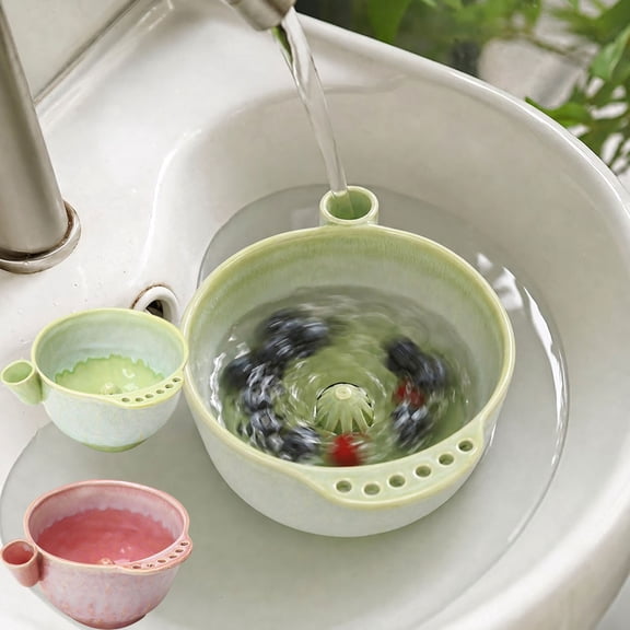 Fruit Washing Bowl,Swirl Flow Ceramic Vegetable Rinse Basin Side Water Inlet Fast Drain Hole Design,Food Safe Multi Function Colander Storage Vessel For Kitchen Counter Prep(Green)