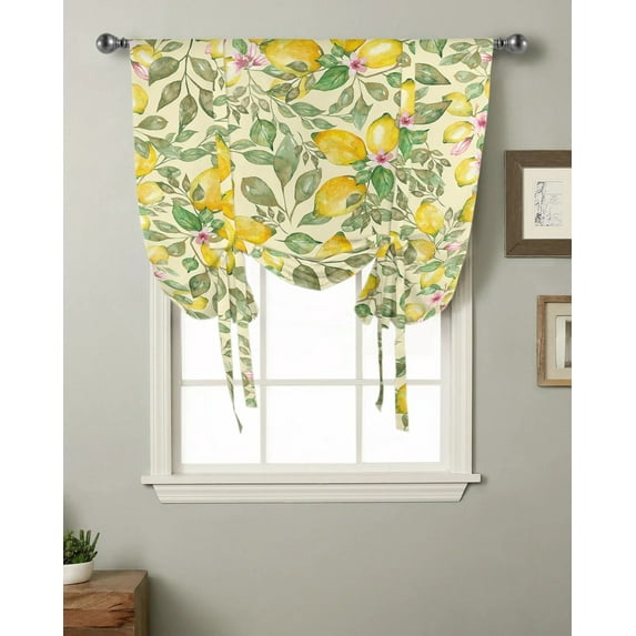 Fruit Watercolor Lemon Pink Flower Curtain for Living Room Kitchen Tie-up Short Curtains Adjustable Rod Pocket Drapes