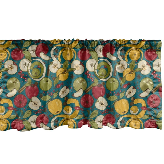 Fruit Window Valance, Botanical Illustration of Sliced and Whole Apples Spices Berries, Curtain Valance for Kitchen Bedroom Decor with Rod Pocket, 54" X 18", Petrol Blue and Multicolor, by Ambesonne