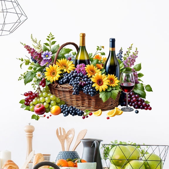 Fruit Wine Basket Wall Decal, Removable Flower Grape Wine Glass Sticker for Kitchen Dining Room Home Decor, Holiday Party Decoration