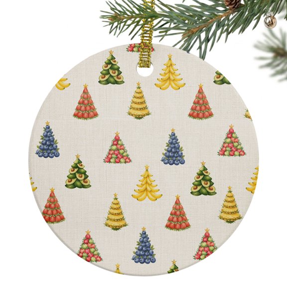 Fruit Xmas Trees Ceramic Ornament 3 Inch Avocados Banana Blueberry Linen Texture Round Porcelain Christmas Ornaments with Gold String for Holiday Party Xmas Tree Decor Gift for Friends Family