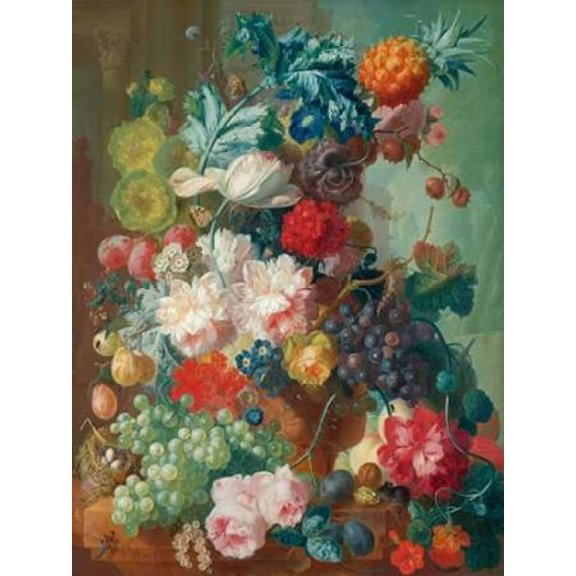 Fruit and Flowers in a terracotta Vase Poster Print by Jan Van Os