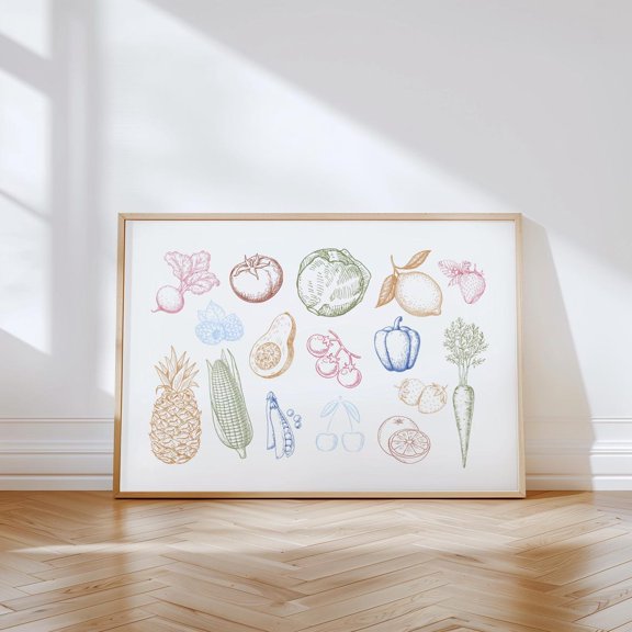 Fruit and Vegetable Art Colorful Kitchen Botanical Produce Decoration, Unframed Paper Poster 8x10in