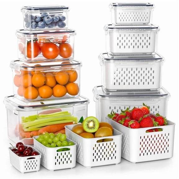 Fruit and Vegetable Organizer, 8-pack Double DrainerFruit & Vegetable Storage Box,,Kitchen Accessories Storage Organizer, Household Essentials
