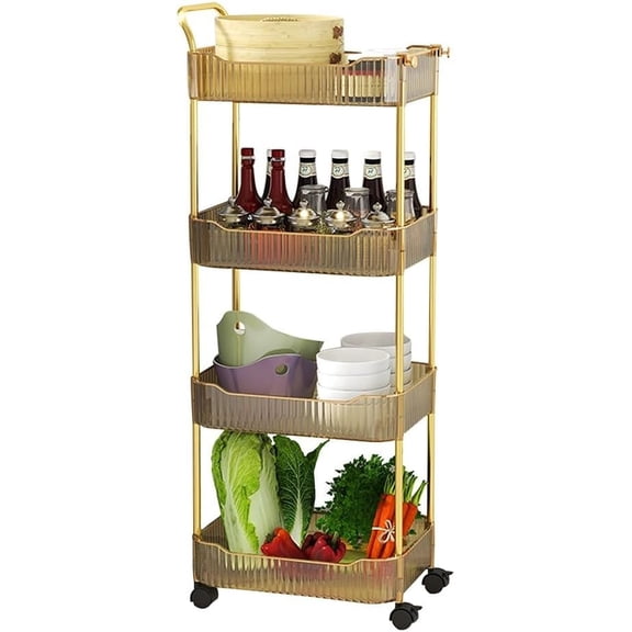 Fruit and Vegetable Rack Free Standing Shelves Unit 4 Tier with Locking Wheels,Transparent Draining Basket 2 Hooks for Kitchen, Gold