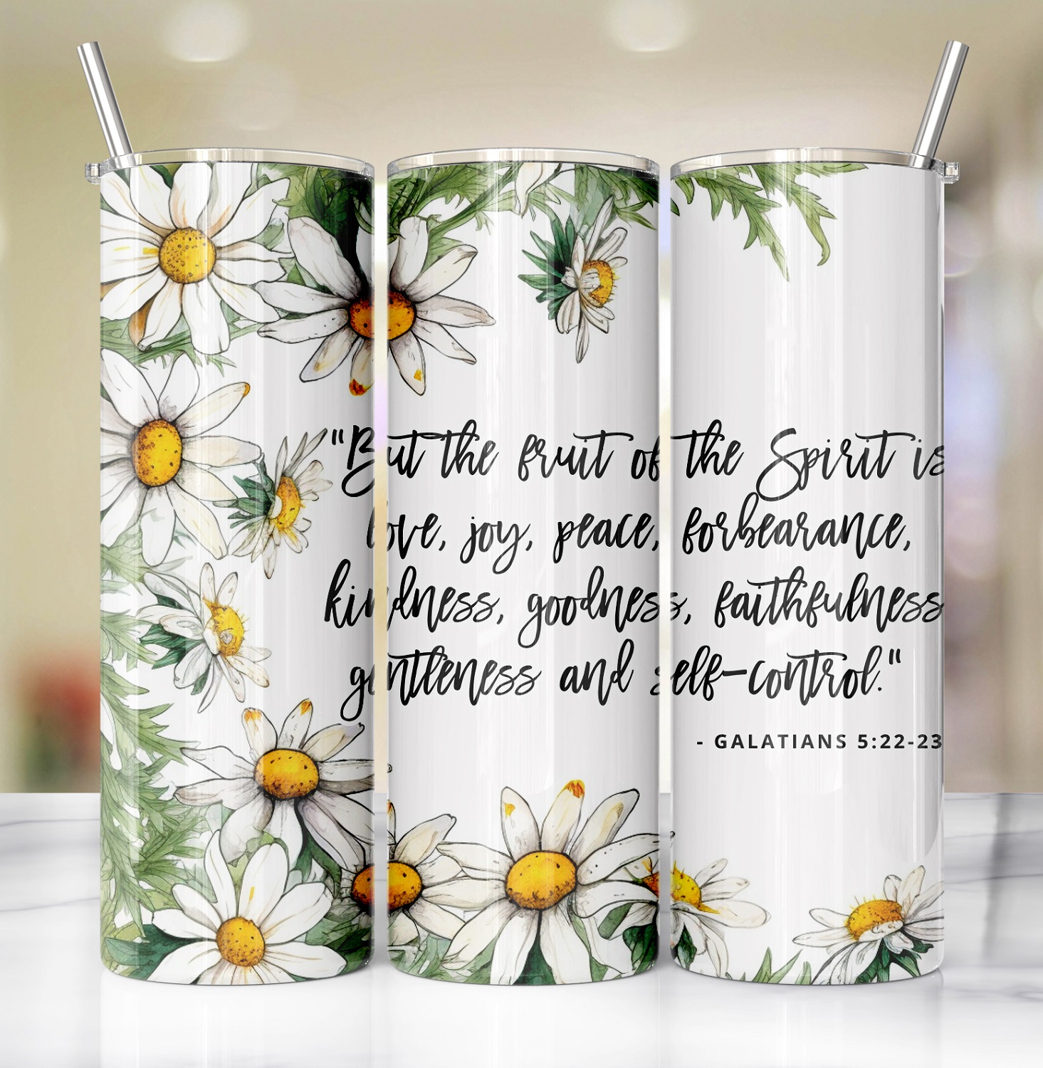Fruit of Spirit Bible Verse Daisies 20 Oz Skinny Metal Tumbler w/Lid