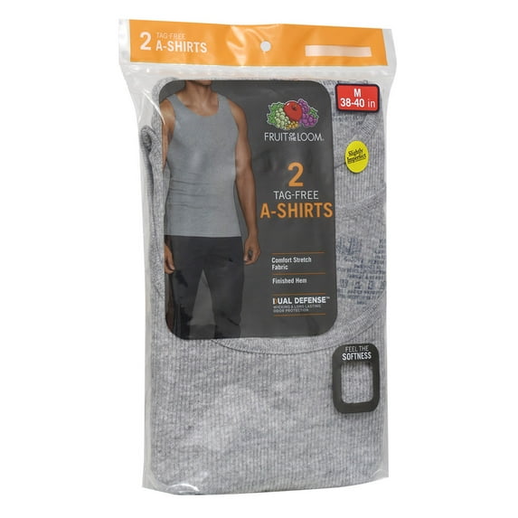 Fruit of The Loom Men's 2 Pack Dual Defense Finished Hem Tagless A Shirts Grey M