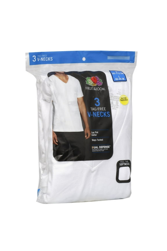 Men's 3 Pack Dual Defense Tag Free V Neck T Shirts White L