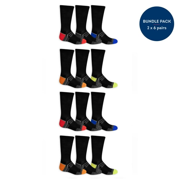 Fruit of the Loom Active Crew Socks for Boys, Black, Sizes 3-9 (12-Pack)
