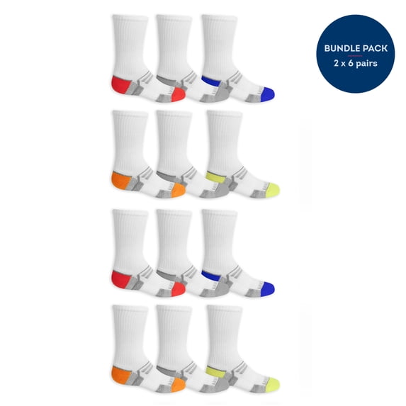 Fruit of the Loom Active Crew Socks for Boys, White, Sizes 3-9 (12-Pack)