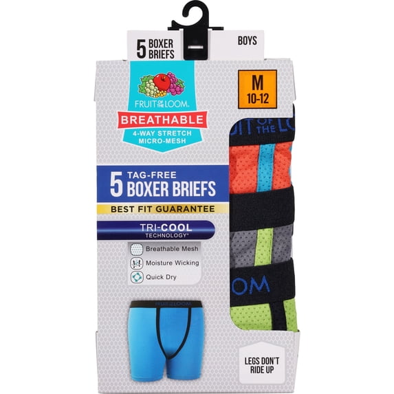 Fruit of the Loom Boys' Breathable 2.0 Boxer Briefs, 5- Pack, Sizes S-XL