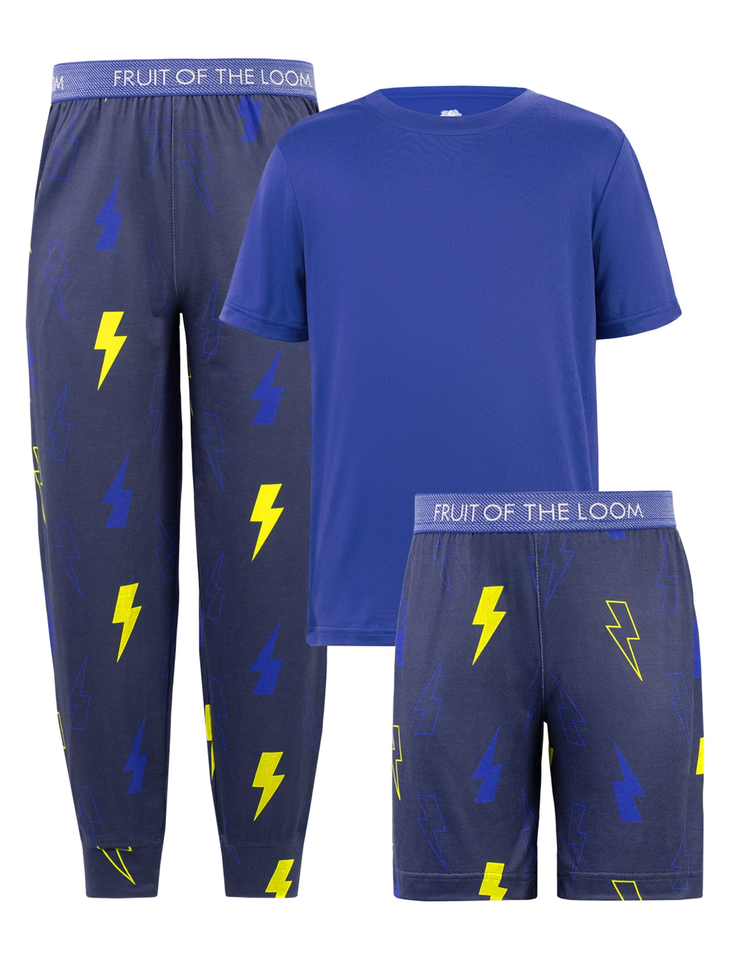 Fruit of the Loom Boy's Getaway Loose Fit Short Sleeve Top, Pajama Sleep pant & Short Set, 3-Piece, Sizes 4/5-14/16