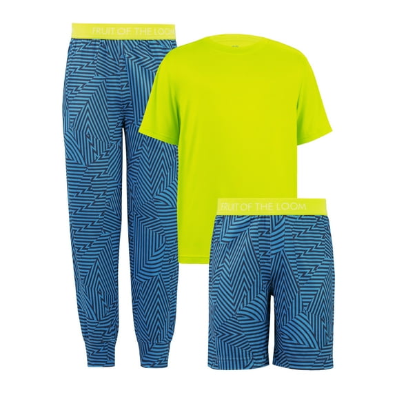 Fruit of the Loom Boy's Getaway Loose Fit Short Sleeve Top, Pajama Sleep pant & Short Set, 3-Piece, Sizes 4/5-14/16