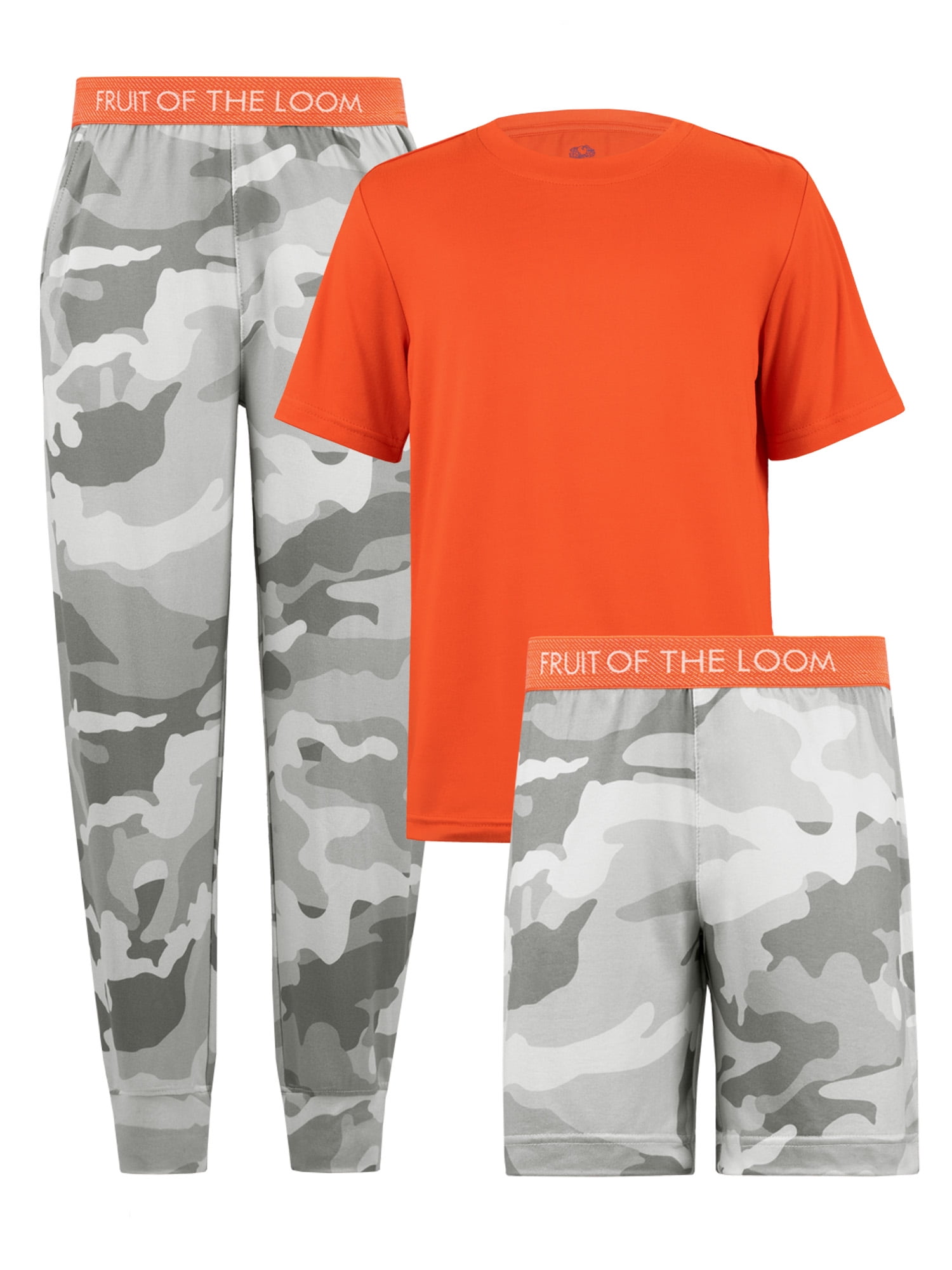 Fruit of the Loom Boy's Getaway Loose Fit Short Sleeve Top, Pajama Sleep pant & Short Set, 3-Piece, Sizes 4/5-14/16