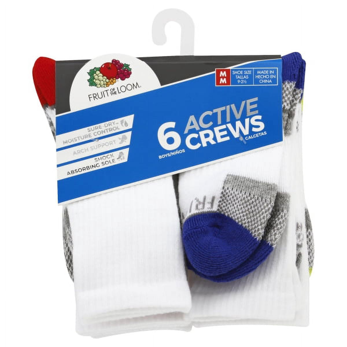 Fruit of the Loom Boys' 6-Pair Half Cushion Crew Socks (Medium, White ...