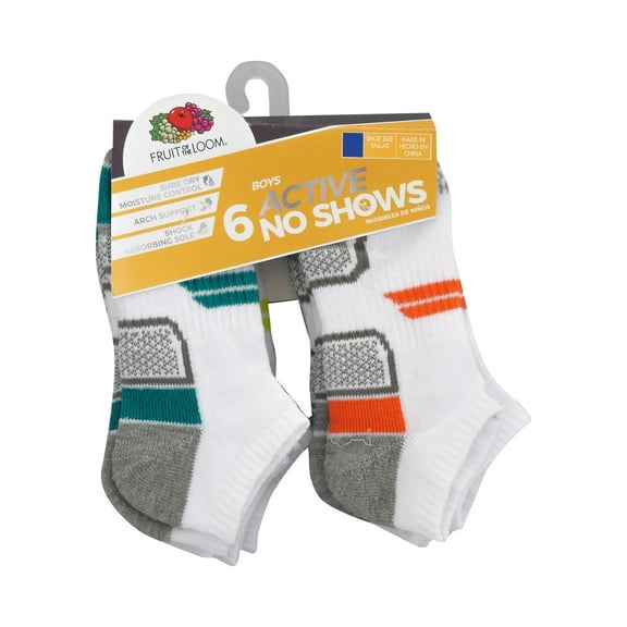 Fruit of the Loom Boys Active No Show Socks, 6-Pack