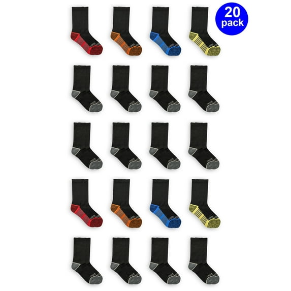 Fruit of the Loom Boys Cushioned Crew Socks, 20 Pack