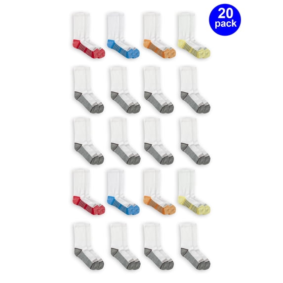 Fruit of the Loom Boys Cushioned Crew Socks, 20 Pack