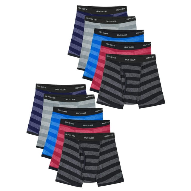 Fruit of the Loom Boys Underwear, 10 Pack Striped Boxer Brief Underwear, Size XL (18/20)