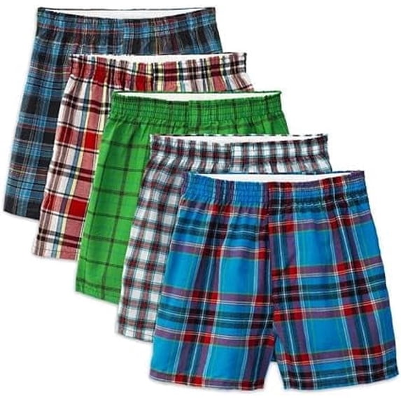 Fruit of the Loom Boy's Exposed and Covered Waistband Fashion Woven Boxers(Tartan Plaids)5 Pack,Large
