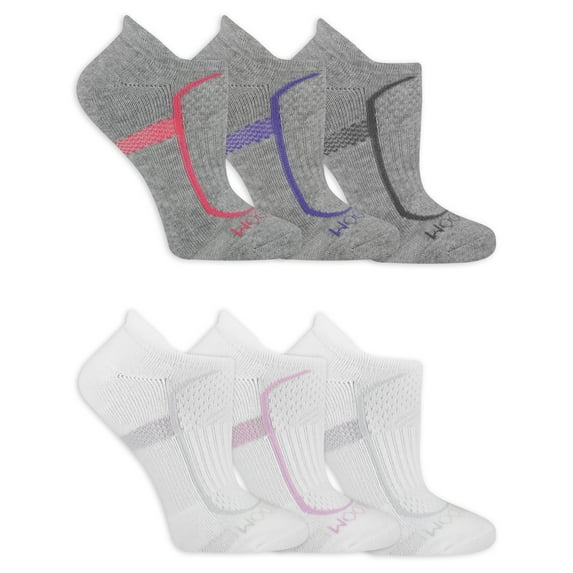Fruit of the Loom Coolzone No-Show Tab Socks for Women, Grey & White, Sizes 8-12 (6-Pack)