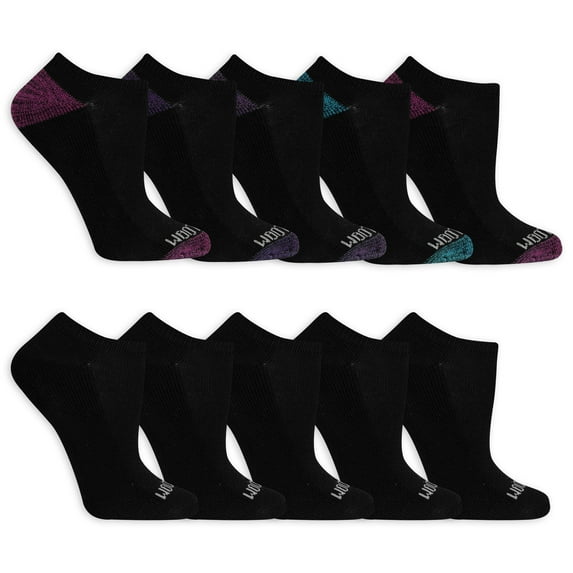 Fruit of the Loom Cushion Everyday No-Show Socks for Women, Black Assorted, Sizes 4-10 (10-Pack)