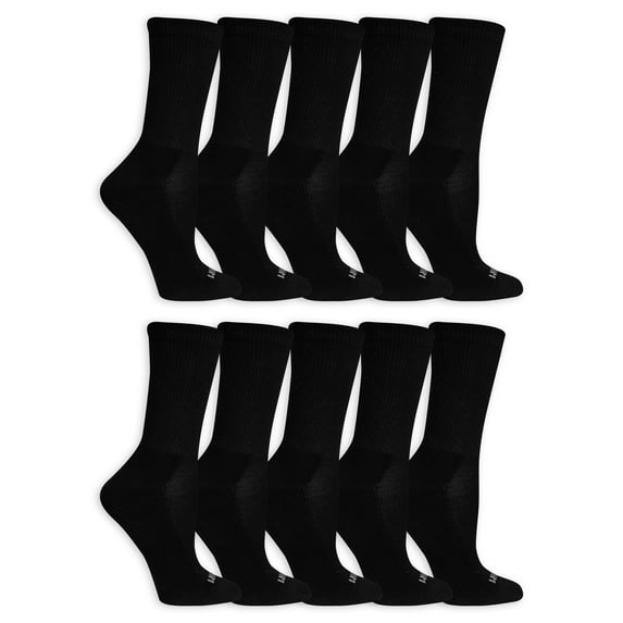 Fruit of the Loom Everyday Cushion Crew Socks for Women, Black, Sizes 8-12 (10-Pack)