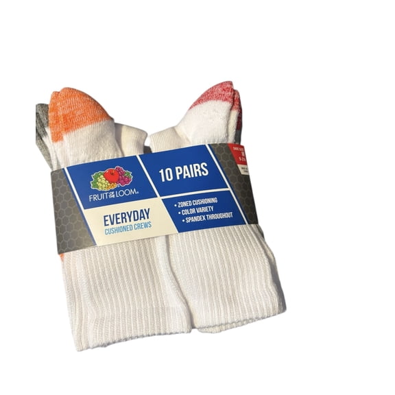 Fruit of the Loom Everyday Cushioned Crew Socks for Boys, White, Sizes 9-2.5 (10-Pack)