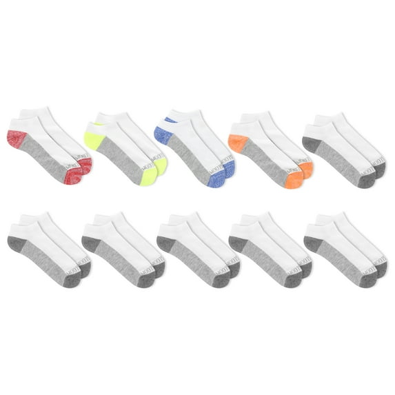 Fruit of the Loom Everyday Cushioned No-Show Socks for Boys, White Assorted, Sizes 3-9 (10-Pack)