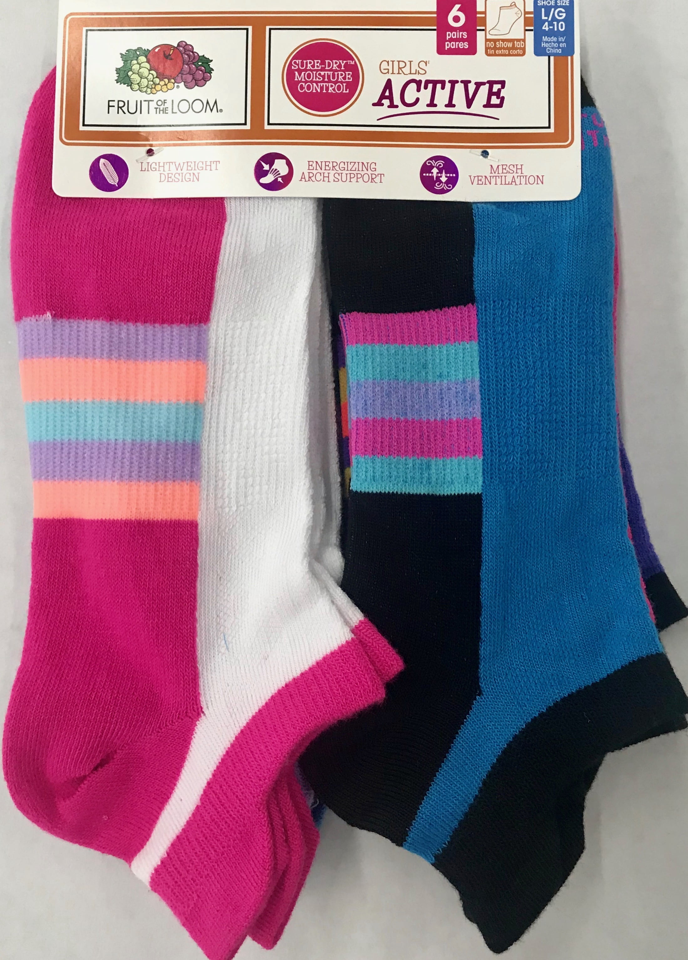 Fruit of the Loom Girl's Active Flat Knit No Show Tab Socks, 6 Pack ...