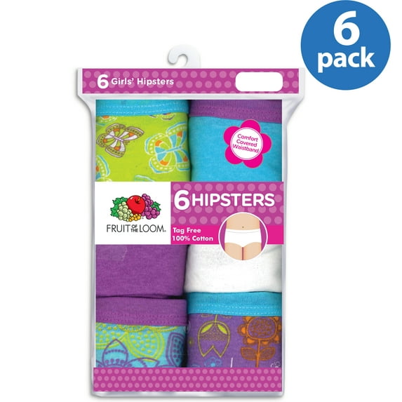 Fruit of the Loom Girl's Assorted Cotton Hipster Underwear, 6 Pack Panties (Little Girls & Big Girls)