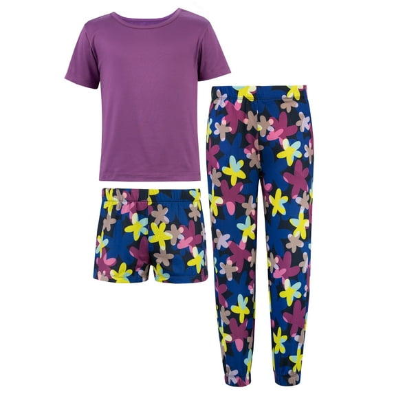 Fruit of the Loom Girl's Getaway Loose Fit Short Sleeve Top, Pajama Sleep Pant & Short Set, 3-Piece, Sizes 4/5-14/16