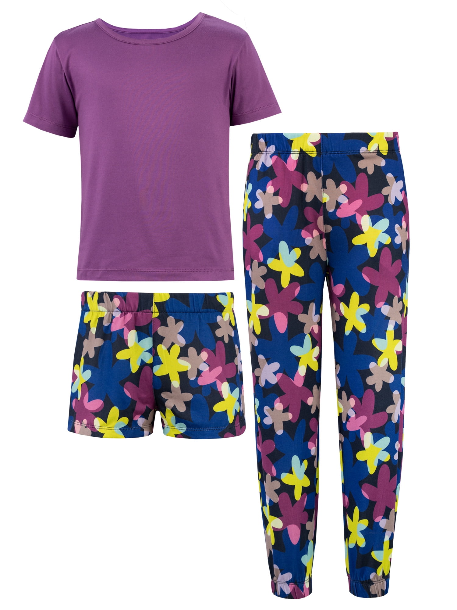 Fruit of the Loom Girl's Getaway Loose Fit Short Sleeve Top, Pajama Sleep Pant & Short Set, 3-Piece, Sizes 4/5-14/16