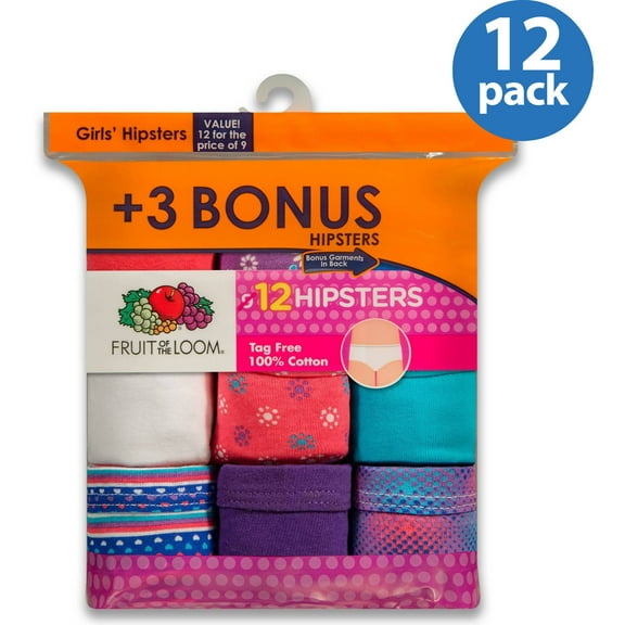 Fruit of the Loom Girls 100% Cotton Hipster Underwear, 9+3 Bonus Pack Panties (Little Girls & Big Girls)