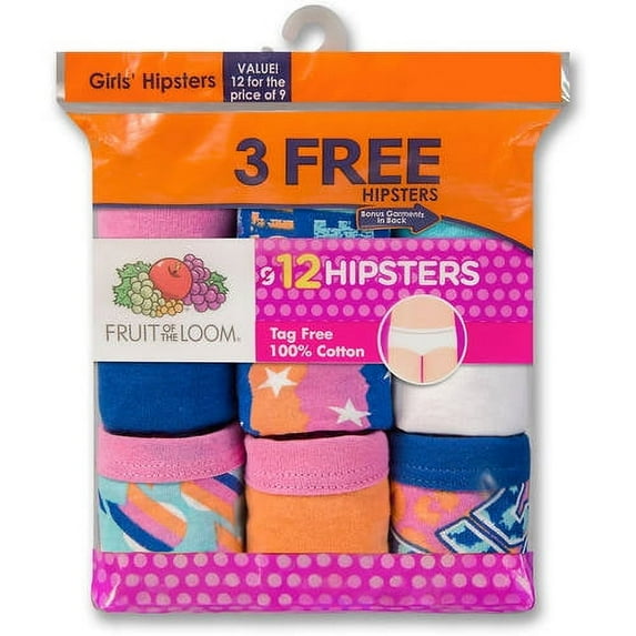 Fruit of the Loom Girls 100% Cotton Hipster Underwear, 9+3 Bonus Pack Panties (Little Girls & Big Girls)