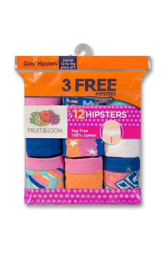 Girls 100% Cotton Hipster Underwear, 9+3 Bonus Pack Panties (Little Girls & Big Girls)