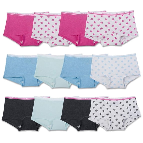 Fruit of the Loom Girls' Assorted Boyshort Underwear,12 Pack - Heather Assorted,Size 10