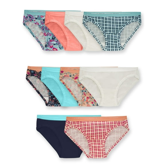 Fruit of the Loom Girls' Assorted Cotton Bikini Underwear, 10 Pack Panties Sizes 4 - 14