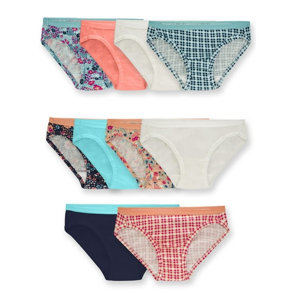 Fruit of the Loom Girls' Assorted Cotton Bikini Underwear, 10 Pack Panties Sizes 4 - 14