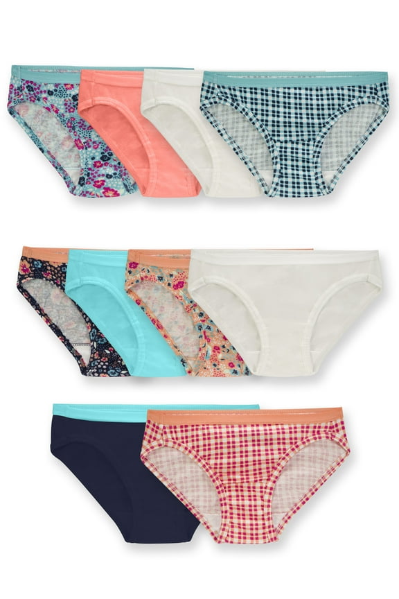 Girls' Assorted Cotton Bikini Underwear, 10 Pack Panties Sizes 4 - 14