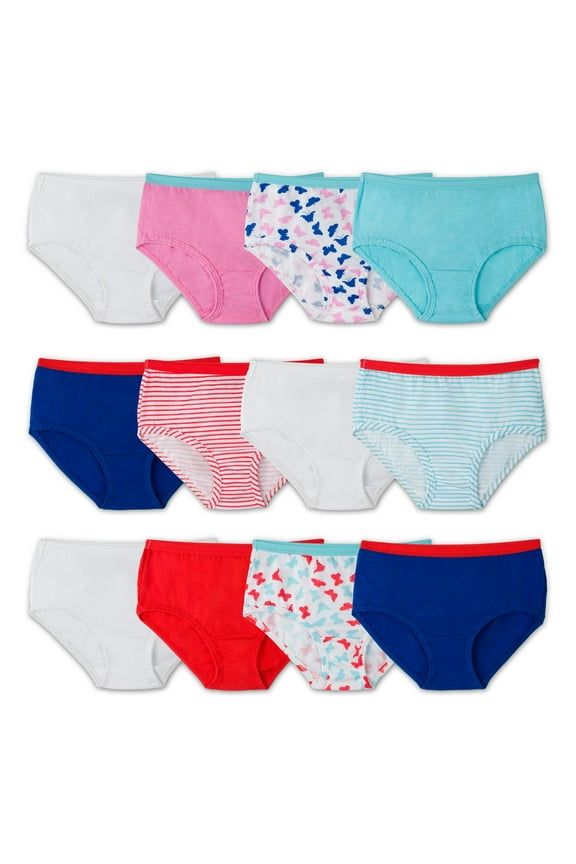 Girls Assorted Cotton Brief Underwear, 12 Pack Panties Sizes 4 - 14