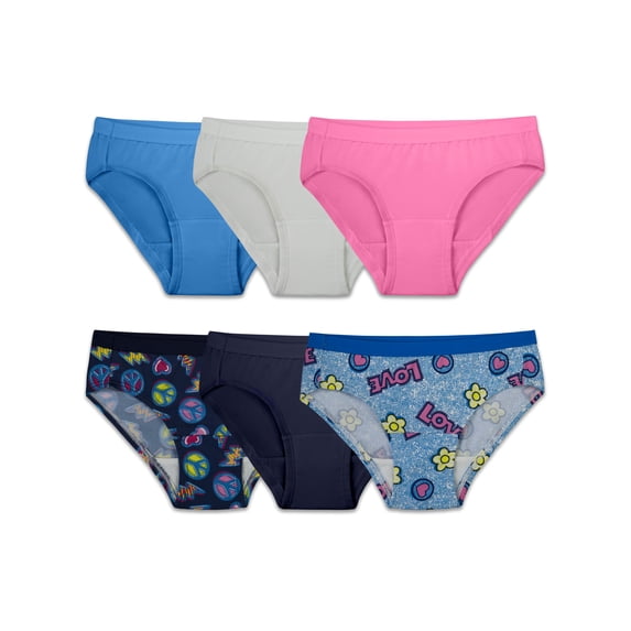 Fruit of the Loom Girls' Assorted Cotton Hipster Underwear, 6 Pack Panties Sizes 4 - 14