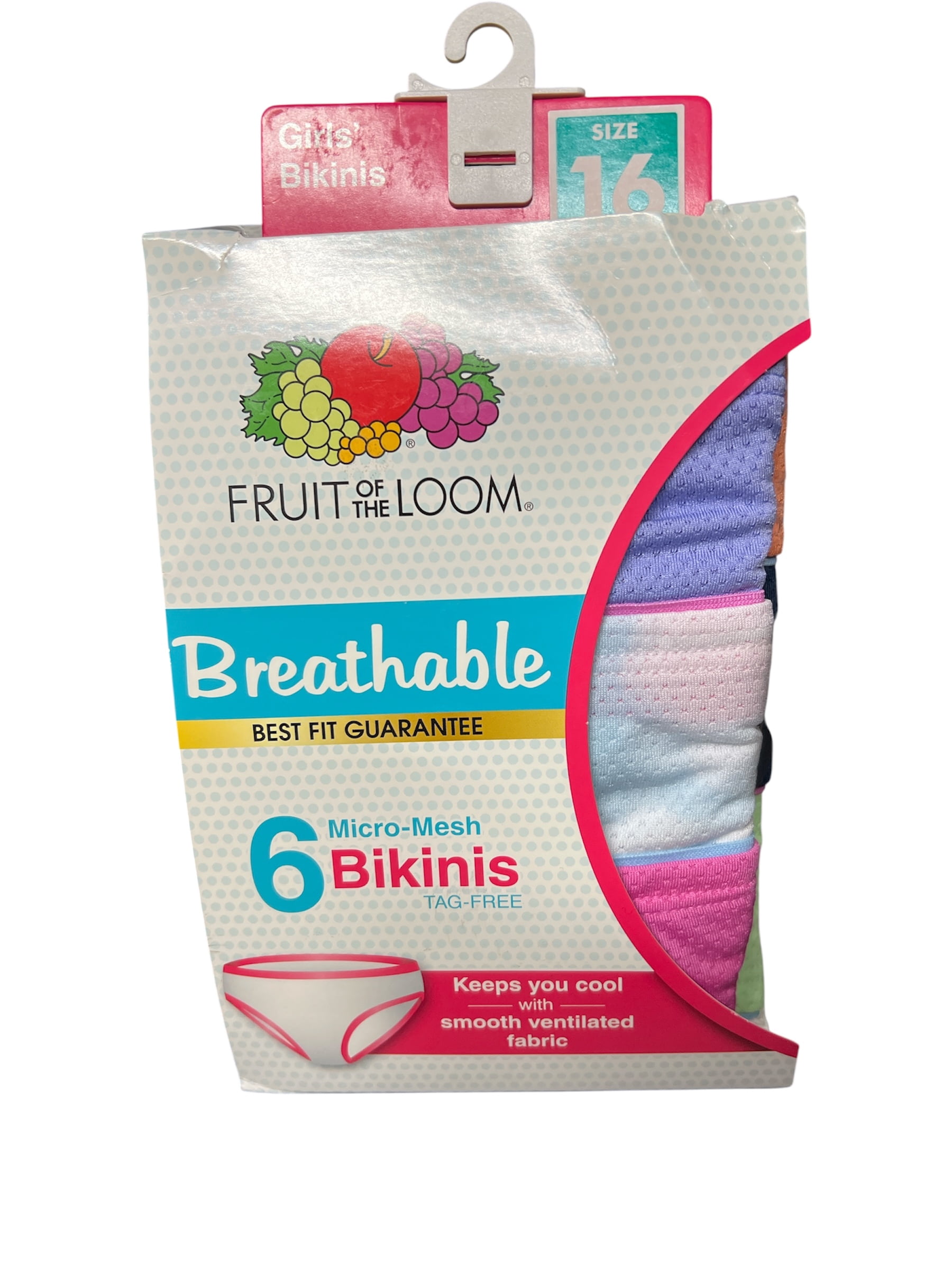 Fruit of the Loom Girls' Breathable Micro-Mesh Bikini Underwear, 6 Pack, Sizes 6-16