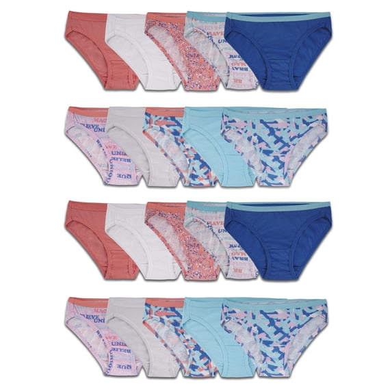 Fruit of the Loom Girls' Cotton Bikini Underwear, 20 Pack, Sizes 4-14